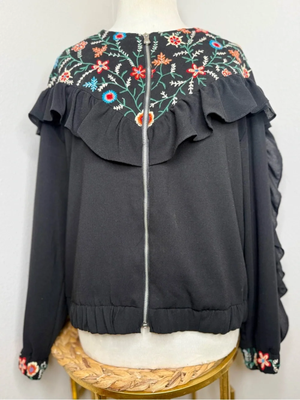 Zara Trf jacket Black embroidered Zip Up Bomber multi floral ruffle sleeve frill